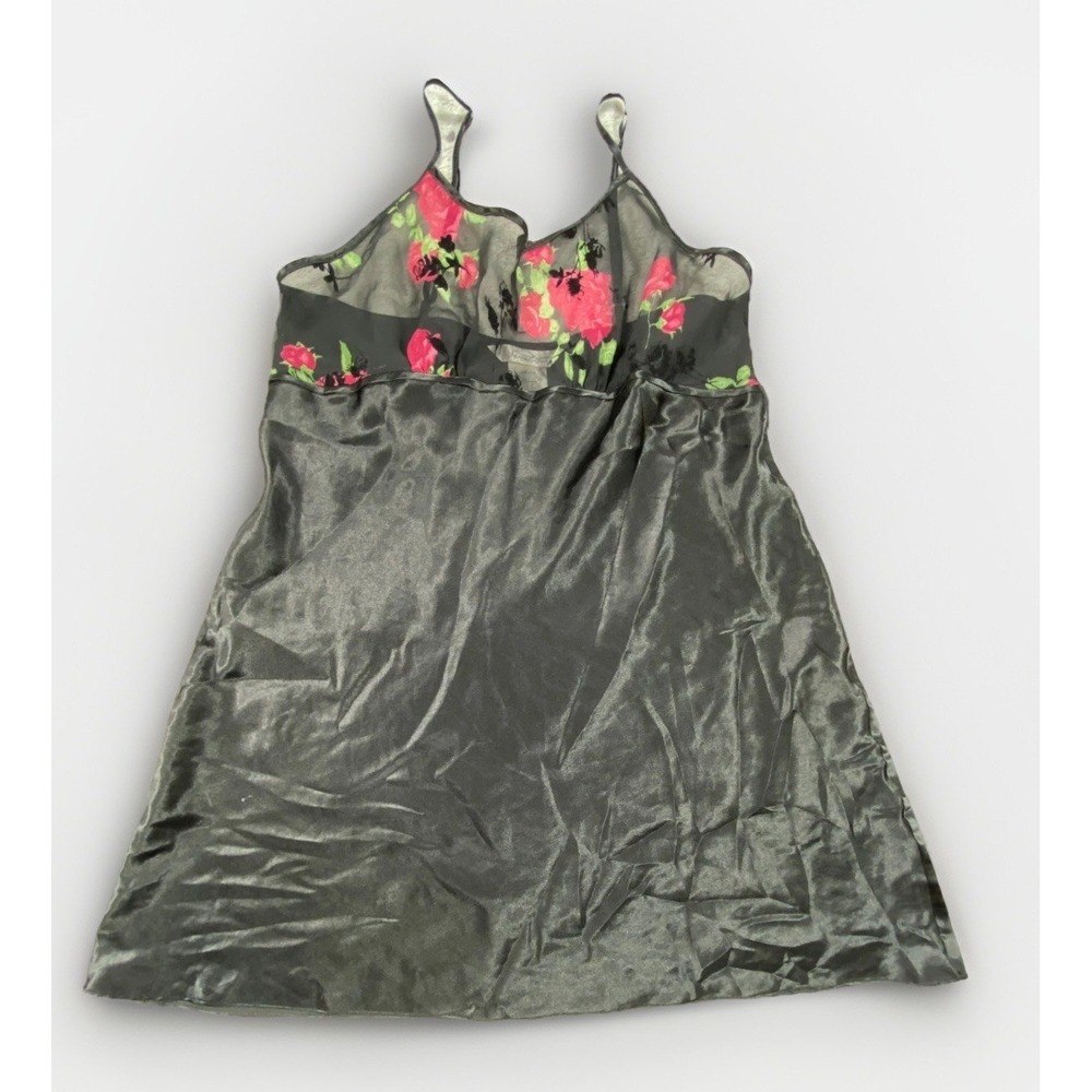 Vintage Secret Treasures Nightgown Slip Dress Womens L Black Floral Mesh Satin